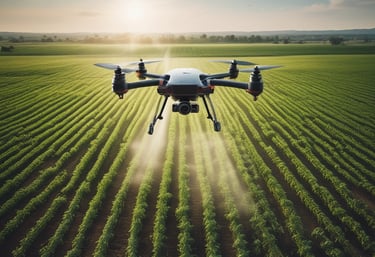 A drone spraying crops in a vast agricultural field.