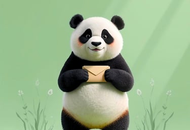 Mindy the Mindful panda holding a mail envelope on a soft green background.