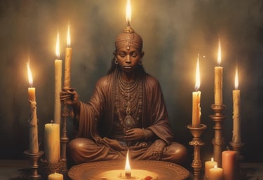 A group of people gathered around a stone structure, lighting candles. One individual is wearing a wide-brimmed hat and a red jacket. The scene appears to be a ritual or a religious observance. Many lit candles are placed along the stone surface.