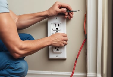 A person wearing red and black gloves is using a screwdriver to work on the underside of a metallic appliance. The appliance is mounted and has visible pipes connected to it. The person's forearm shows a tattoo.