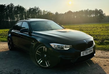 BMW M3 in front woods and field