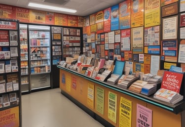 A storefront with various promotional banners and signs in multiple languages advertising ticket exchange services. The counter displays numerous tickets and small items, while the walls are covered with colorful posters and price listings.