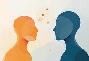 Two silhouettes facing broken shapes, symbolizing communication barriers and fear