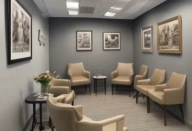 A close-up view of cushioned bar stools with light grey upholstery and wooden legs, set against a softly lit interior background.