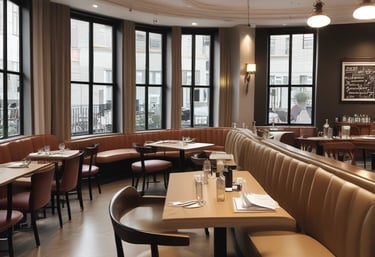 An outdoor restaurant seating area with modern decor. There are tables with chairs that have leather cushions, and a large umbrella overhead. Decorative plants are scattered around the space, and in the background, there is a counter area where people are being served.