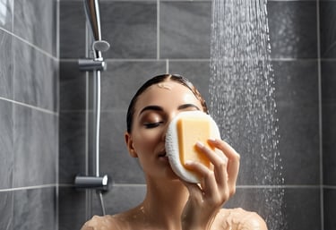 a woman in a shower with a sponge pad on her face