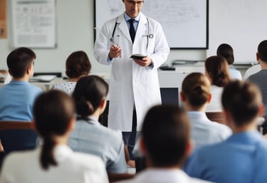 A person wearing a protective face mask and a stethoscope around their neck stands outdoors. The individual is dressed in a light-colored medical coat, suggesting they are a healthcare professional. The background is out of focus, with dark and green tones.