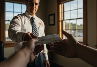 Photo of government official handing a large check to a person. Generated by Imagen 3