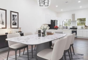 AI-staged dining area with open-concept kitchen in Wimberley custom home