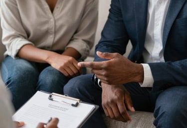 A warm, inviting scene of two people engaged in a heartfelt counseling conversation.