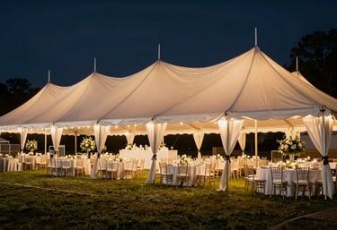 A wide angle shot of a luxury event tent at night, glowing with warm light and featuring elegant North American decor.