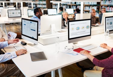Employees using e-learning in a training centre