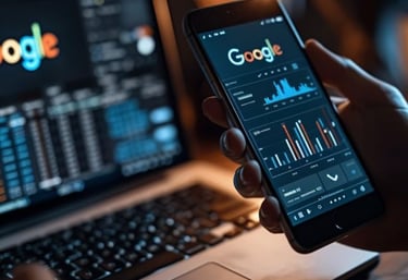 Un téléphone potable dans une main affiche google analitics