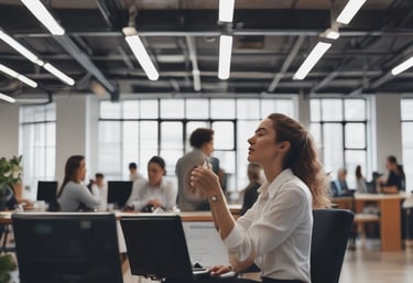 A person wearing a face mask stands in front of an industrial air conditioning unit. The background includes metallic structures and pipes, suggesting an outdoor urban setting. The individual is dressed in a light sweater and carries a bag over one shoulder.