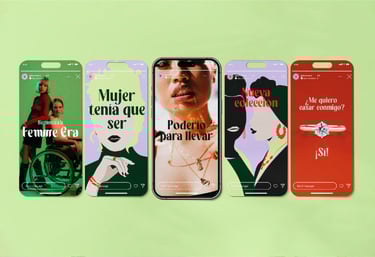 Diseño de stories d Instagram de Femme Era, mostrando la estética visual y mensajes feministas de la marca en redes sociales.