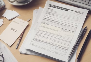 A tax form labeled Form 1120 sits on a wooden table. A black pen rests on the form, and a gray zippered pouch is partially visible beside it.