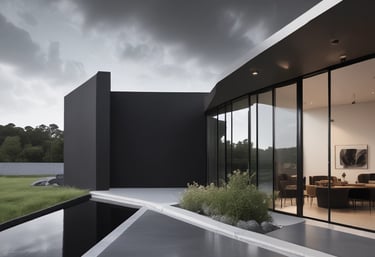 Close-up of a building facade covered with polished South African black granite panels.