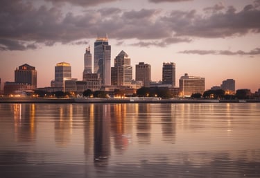 A cityscape with a real estate sign in the foreground, prominently displaying the name and phone number. Surrounding the sign are various buildings with different architectural styles, some with scaffolding and green netting. The scene features a mix of older, worn structures alongside modern glass-fronted buildings. Power lines and construction materials add to the urban complexity.