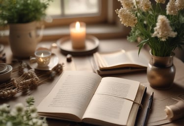 A cozy scene featuring a journal, pastel colors, and art supplies.