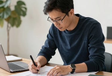 A professional reviewing blueprints on a residential property site.