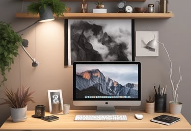 A bright, organized workspace with a laptop, plants, and minimalistic office accessories.