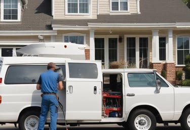 an elecrician arriving at a home with tools while his business vehicle is parked outside