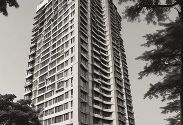 A tall residential building with numerous balconies and windows. Below are street lights, flags, and other buildings, including palm trees in the background. A blue sign reads 'Larsen & Toubro,' adjacent to the main structure.