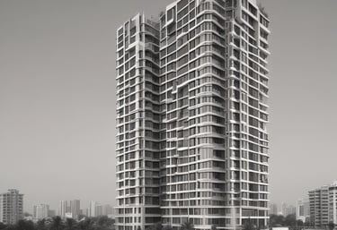 A tall, rectangular residential building with multiple balconies and numerous windows. The structure is surrounded by power lines crisscrossing the scene, and there's a brick wall topped with barbed wire in the foreground. The sky is clear, and a man is visible in the lower right corner, standing near a white vehicle and an auto-rickshaw.