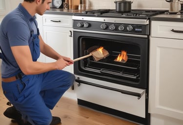 A technician repairing a gas stove at a customer's home.
