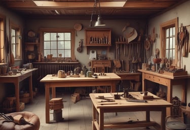 A rustic workshop filled with various antique tools mounted on wooden walls, featuring a prominent wooden sign on a large, weathered plank that reads 'Coffins Guaranteed Fit' adorned with white flowers. The warm tones of the wooden walls and the presence of tools like saws, axes, and hammers create a vintage, historical atmosphere.