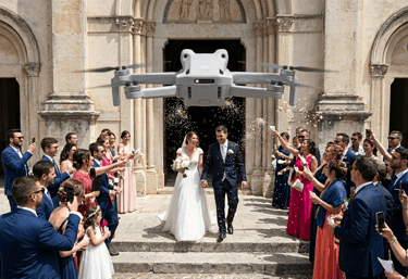 dron grabando novios saliendo de la iglesia en una boda, grabacion con dron en bodas, eventos, bautizos comuniones y bodas.