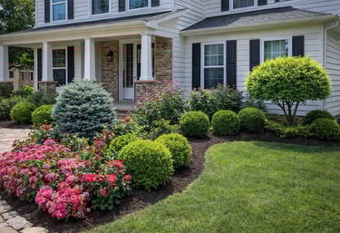 Professional front yard landscaping featuring pink flowers, green shrubs, and a manicured lawn.