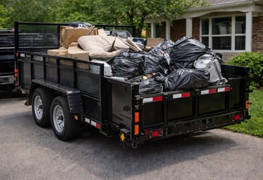 A black utility trailer filled with trash bags and boxes for residential junk removal and hauling.