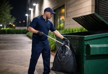 Professional waste management worker in uniform tossing a black trash bag into a green dumpster at night.