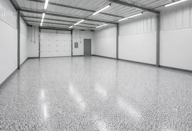 Epoxy floor in warehouse with white and black flake