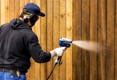 Professional contractor using a power paint sprayer to apply stain to a wooden garden fence.