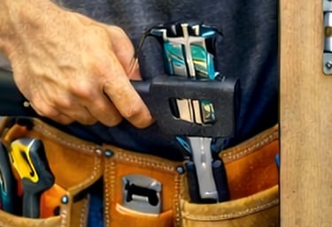 A carpenter reaching for a hand tool from a leather construction tool belt during home repairs.