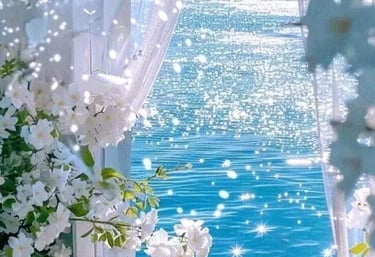 Peaceful ocean view through window with white flowers, a sacred space for spiritual reflection