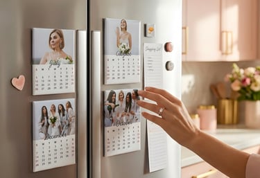 Multiple personalized 2026 magnetic photo calendars displayed together on a refrigerator for monthly planning