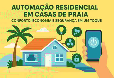 Ilustração digital em estilo flat mostra casa de praia moderna com dispositivos inteligentes conecta