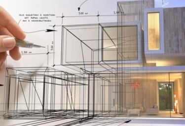 Plano arquitectónico digital superpuesto sobre imagen real de vivienda moderna, representando diseño