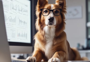 Two dogs are standing on a tiled floor, one brown and one gray and curly-haired. A person holding a clipboard with a drawing of a bone is in the foreground.