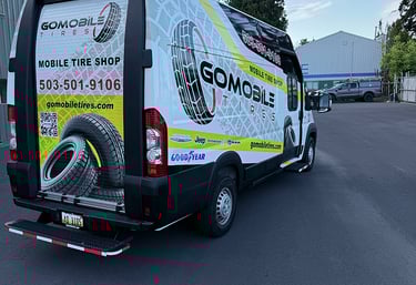 Gomobile Tires branding on the Promaster EV - ready for tire changes