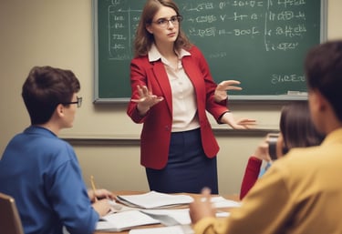 A teacher is engaging with a group of students sitting at a desk. The students are dressed in matching attire and wearing traditional headwear. They appear focused on their studies as they interact with the teacher. Books are open in front of them, and shelves filled with books are visible in the background.