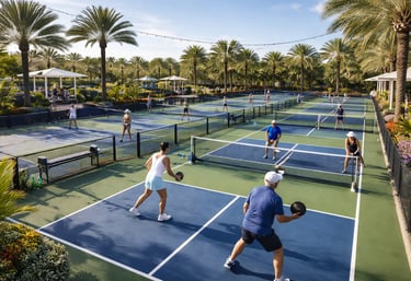 Outdoor pickleball venue with multiple courts and players in action.