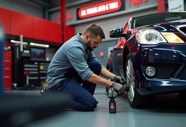 Mechanic working on a car wheel inside a professional auto repair shop for quality service 