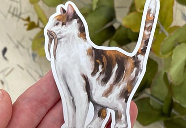 a sticker of a cat with a moustache sitting on a person's hand