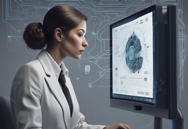 Large blue letters 'AI' stand prominently on a surface covered with a pattern of hexagonal shapes. Dark swirling lines intersect around the letters, creating a sense of motion and complexity. The background has a metallic sheen with a futuristic, digital style.