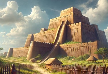 image of a great wall with steps coming down steeply, a depiction of the Great Wall of Benin.
