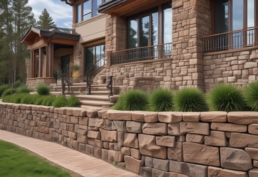 A skilled crew finishing a concrete retaining wall with pine trees and a blue sky in the background, showcasing outdoor work typical for Flagstaff, AZ.